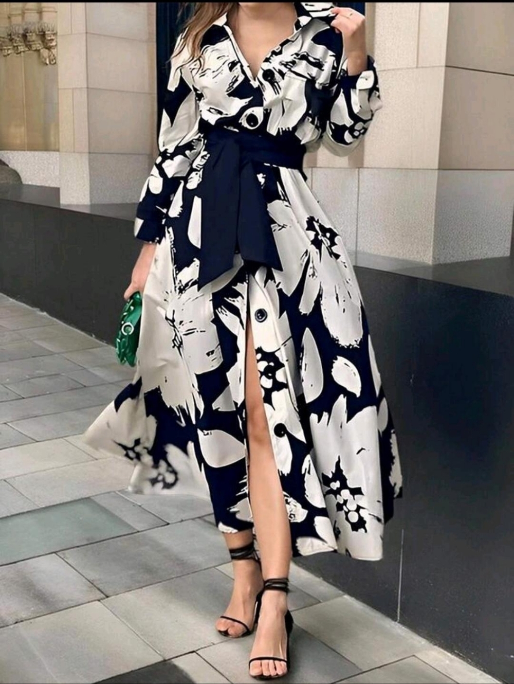 Black & White Floral Button-Front Long Sleeve Maxi Dress with Self-Tie Waist